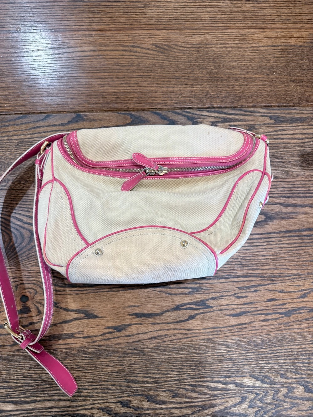 Celine Beige Canvas Crossbody with Pink Trim